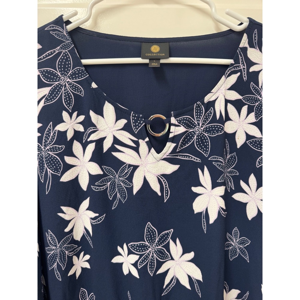 JM Collection Navy Blue Floral Keyhole Smocked Hem Blouse Large